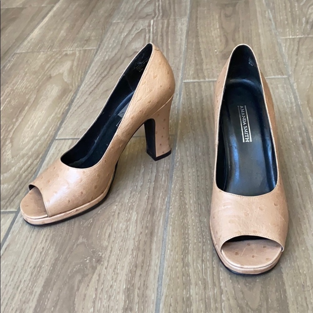 Tan Ostrich Peep-Toe Chunky Heel Pumps